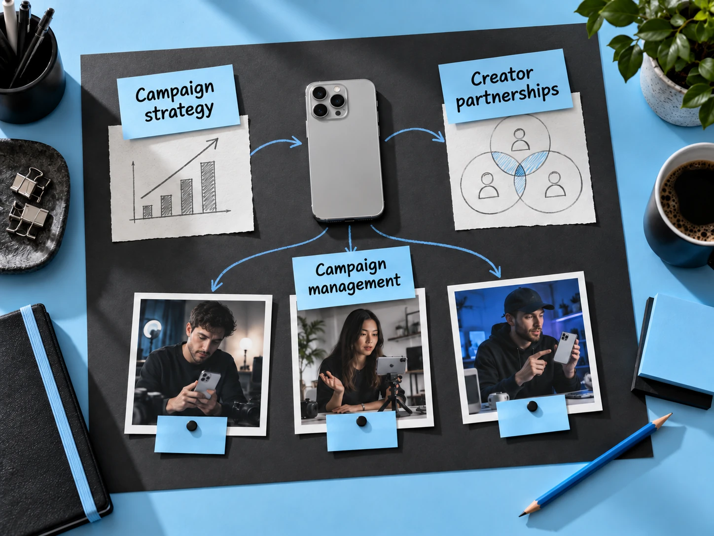 TYPE C services: Campaign strategy, Creator partnerships and Campaign management, shown on a tech influencer campaign planning board.